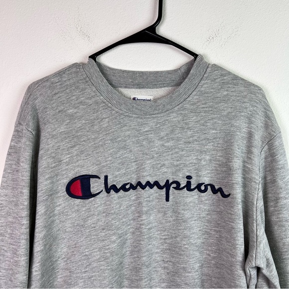 Champion Longsleeve Fleece Crewneck Women's Medium Heather Gray Embroidered Logo - Picture 2 of 8